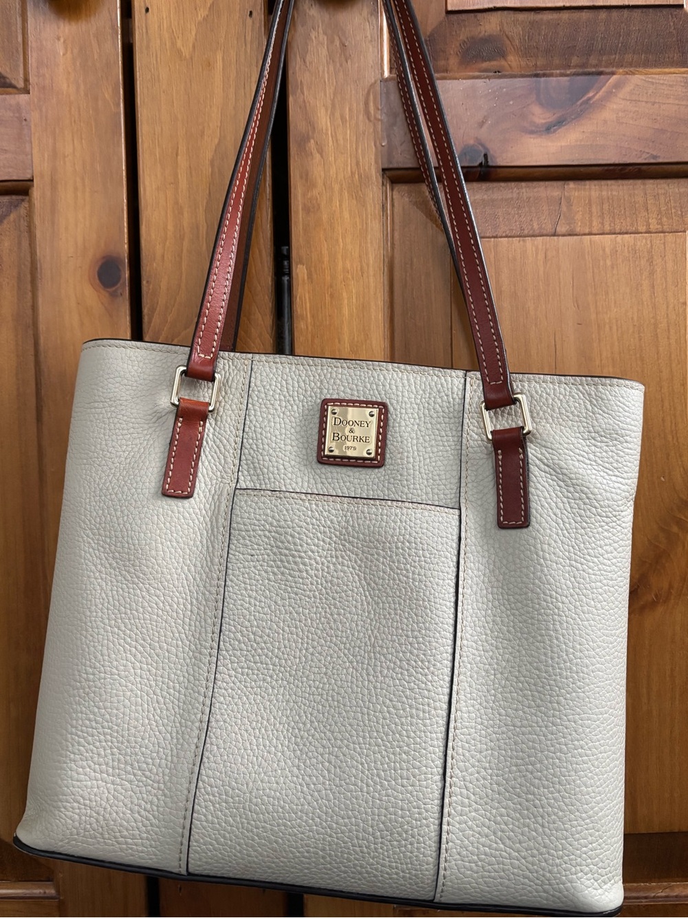 Dooney & Bourke Pebble Leather Tote in Light Gray with Brown Straps